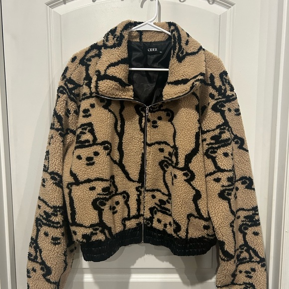 Cider Jackets & Blazers - Cider Beige and Black Bear Pattern women’s Puffer Jacket
